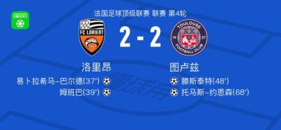 洛里昂2-2图卢兹，易卜拉希马-巴尔德破僵，托马斯-约恩森救主