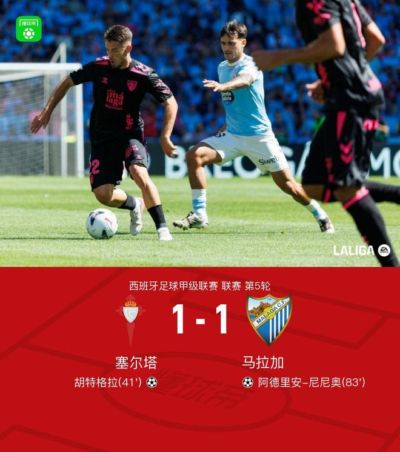 塞尔塔1-1马拉加，胡特格拉、阿德里安-尼尼奥破门