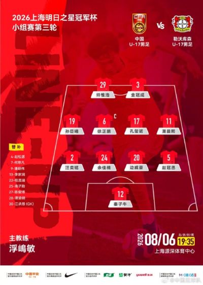 明日之星冠军杯第三轮,中国U17vs勒沃库森U17,中国队首发公布
