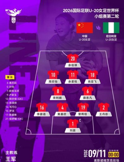 中国U20女足继续坚持“小快灵”战术，卢佳玉暂居替补