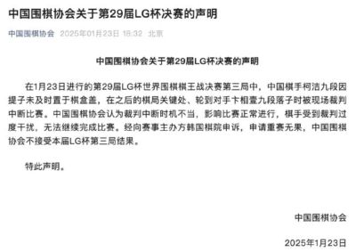 中国围棋协会：不接受LG杯决赛第三局结果
