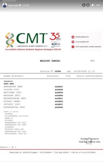 硬核辟谣！小马尔蒂尼社媒晒毒检报告：所有项目均为“未检出”