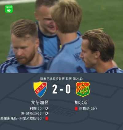 尤尔加登2-0加尔斯，利恩、赫格兰相互传射，双方各一人染红
