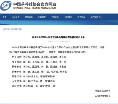 国乒公布2026年亚锦赛参赛名单 10月征战塔什干