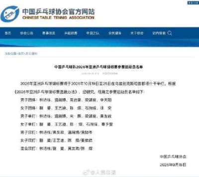 乒协公布亚锦赛国乒参赛名单