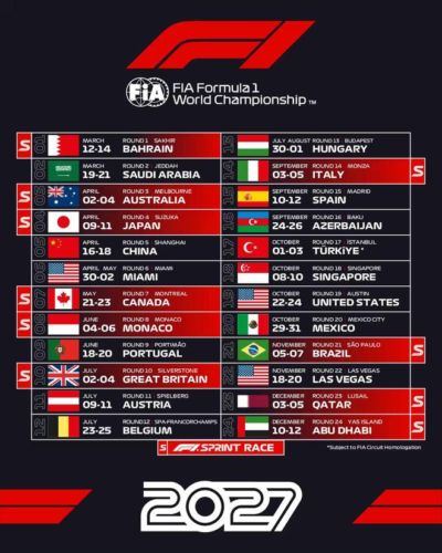 官方：F1 2027赛历公布，中国站4月16-18日进行，无冲刺赛！