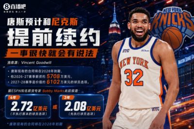 可签4年2.72亿/3年2.08亿~名记：唐斯预计续约一事很快就会有说法