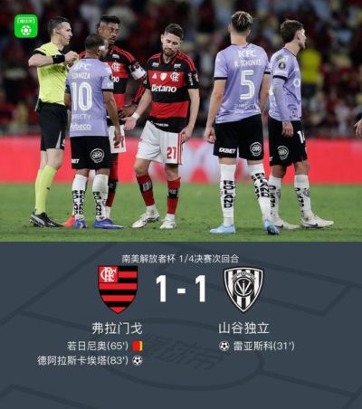 十人弗拉门戈战平山谷独立两回合3-1晋级四强，若日尼奥染红
