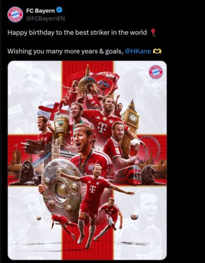 拜仁官方祝凯恩33岁生日快乐，球员加盟以来出战147场打进146球