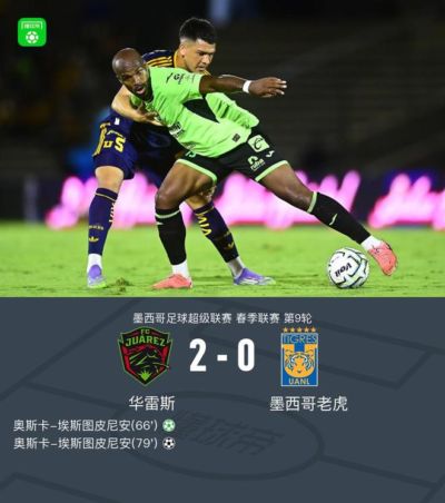 华雷斯2-0墨西哥老虎,奥斯卡-埃斯图皮尼安独中两元
