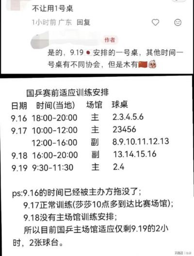 亚运会备战不公!国乒被禁止使用1号球台 主场馆训练时段大幅削减
