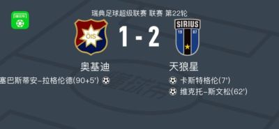 天狼星2-1奥基迪，维克托-斯文松建功，卡斯特格伦破门