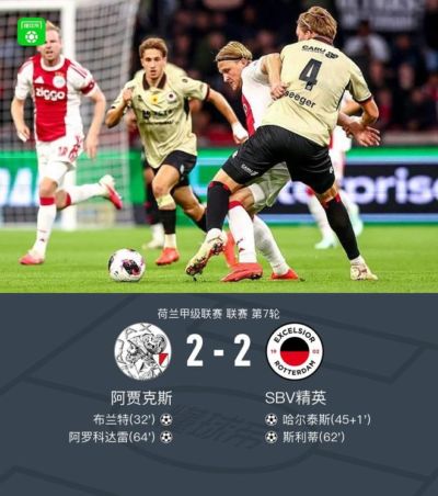 阿贾克斯2-2精英，布兰特破门，阿罗科达雷扳平比分