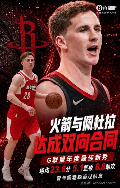 杨瀚森前队友~名记：火箭双向合同签佩杜拉 球员G联盟场均23.6分
