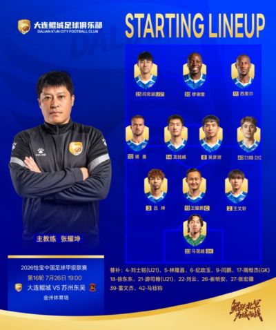 2026赛季怡宝中甲联赛第16轮，大连鲲城VS苏州东吴首发！ ​​​
