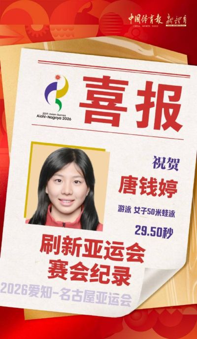 29.50秒，唐钱婷刷新女子50米蛙泳亚运会纪录；今日游泳比赛将产生7枚金牌