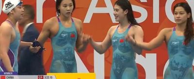 破亚运会纪录夺冠！女子4×100自由泳接力，中国队强势摘金