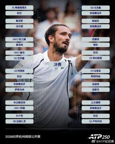 ATP杭州签表:张之臻首轮对阵黄泽林,布云朝克特再战郑瑞