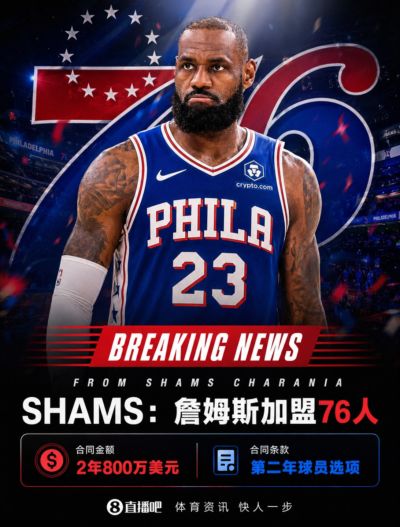 Shams：詹姆斯加盟76人 合同2年800万美元 第二年球员选项！