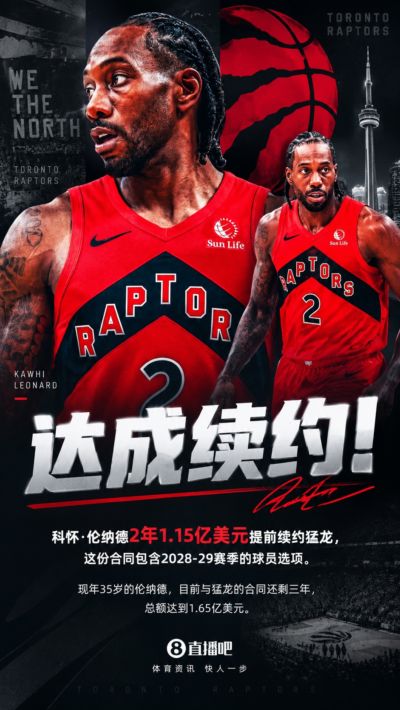 💥2年1.15亿！Shams：猛龙与伦纳德续约两年 28-29赛季球员选项