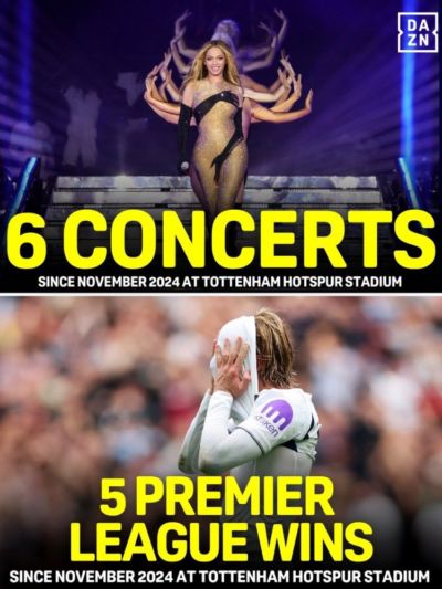 角度刁钻！在热刺主场，碧昂丝24年11月来演出6场而热刺英超赢5场