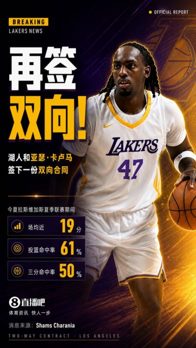 夏联三分命中率50%！Shams：湖人和亚瑟·卡卢马签下一份双向合同