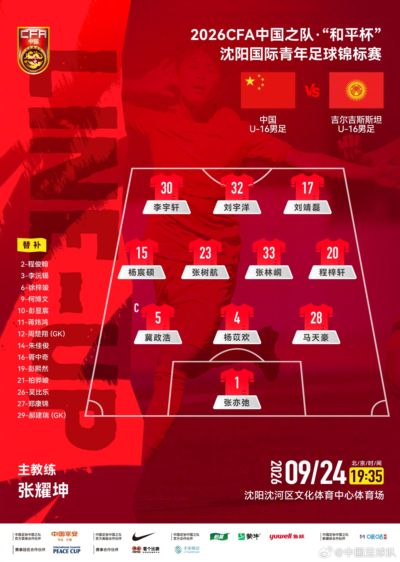 U16国足vs吉尔吉斯斯坦U16首发:刘宇洋、冀政浩、杨宸硕出战
