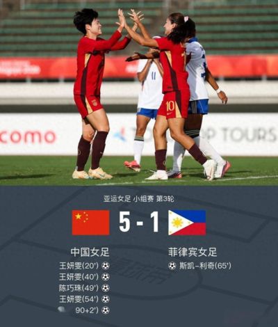 王妍雯上演帽子戏法！中国女足5‑1菲律宾，晋级亚运八强