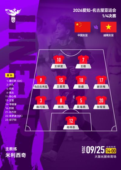 亚运会1/4决赛，中国女足vs越南女足，中国女足首发阵容公布！