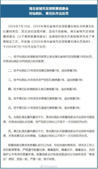 湖北省城市足球联赛组委会对仙桃队、黄石队作出处罚