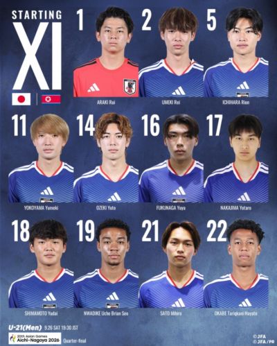日本U23战朝鲜U23首发：两名留洋球员市原吏音、布莱恩·世雄在列