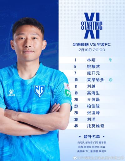 宁波FC首发阵容：双外援首发出战，张凌峰再获首发机会 ​​​