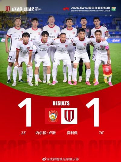 成都蓉城客场1-1战平青岛西海岸