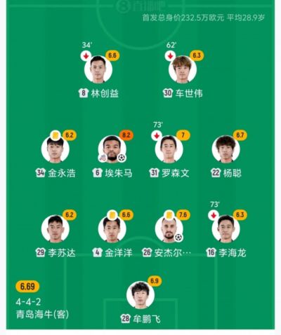 海牛安杰尔科维奇、金洋洋、金永浩均累计4黄，下轮战河南将停赛