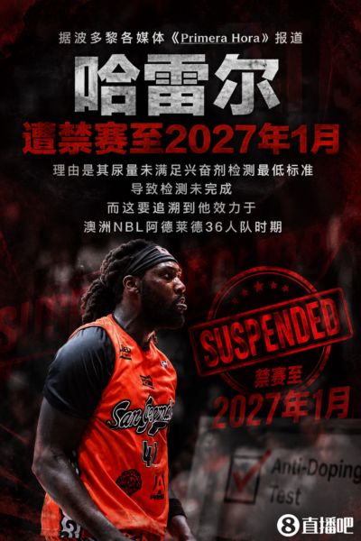 尿不出来！哈雷尔尿量不足导致兴奋剂检测未完成 被禁赛至明年1月