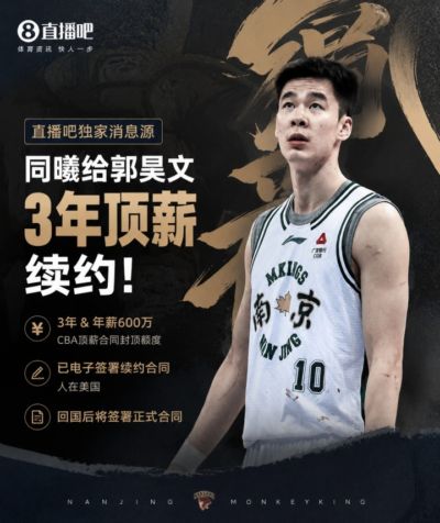 ：同曦给郭昊文开出3年&年薪600万顶薪续约合同 回国后签署
