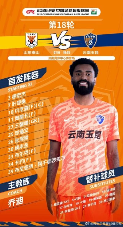 山东泰山vs云南玉昆 今日首发