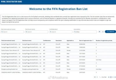 此前遭转会注册禁令的延边龙鼎、青岛海牛从FIFA禁令公示中移除