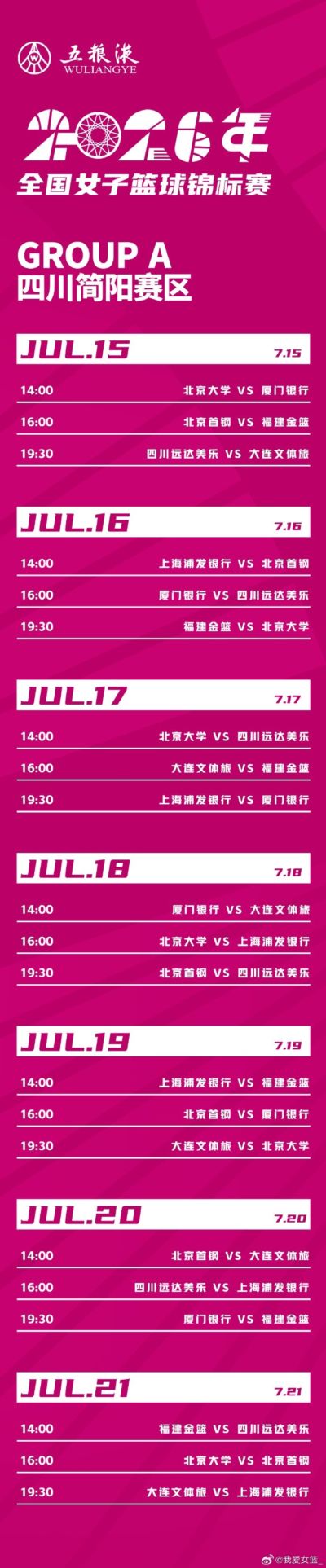 全国女篮锦标赛赛程出炉 三大赛区先后开战