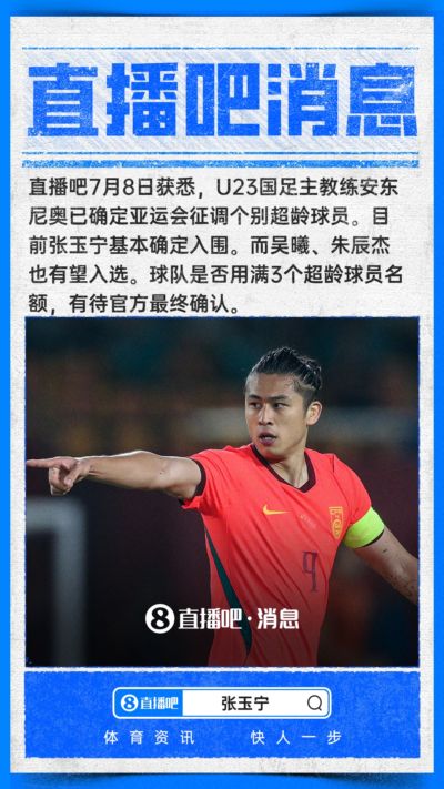 ：张玉宁基本确定以超龄身份参加亚运，吴曦朱辰杰有望入选