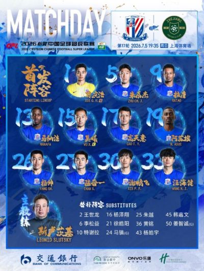 2026怡宝中超联赛第17轮 上海申花VS浙江俱乐部 首发名单 ​​