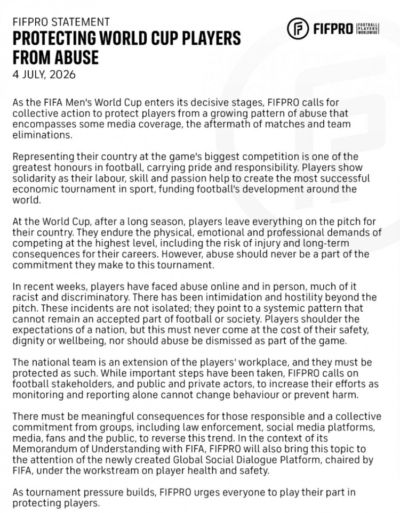 官方：FIFPRO呼吁各方联合行动，保护球员免受各类的恶意侵害行为