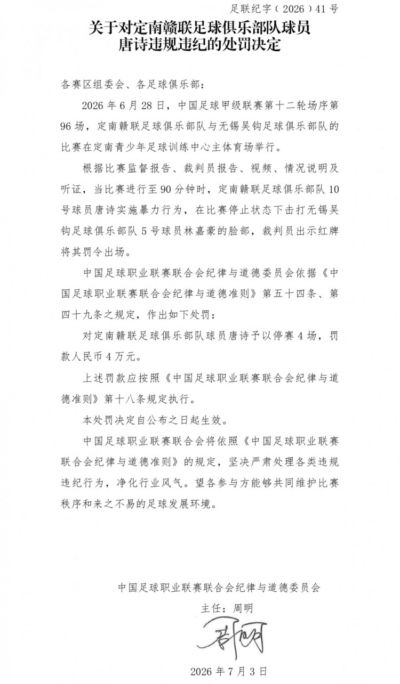 官方：中甲定南赣联球员唐诗击打对手脸部，停赛4场罚款4万元