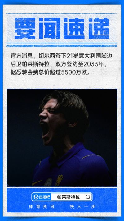 转会费超5500万欧！官方：切尔西签下21岁帕莱斯特拉，签约7年