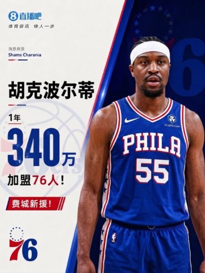 我也是冠军中锋！Shams：胡克波尔蒂1年340万加盟76人