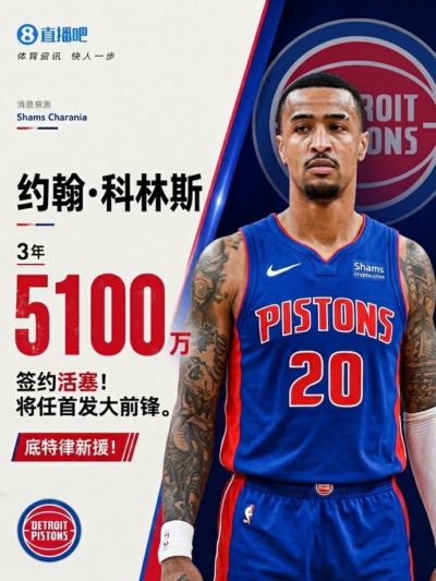 有备无患？Shams：约翰·科林斯3年5100万签约活塞将任首发大前锋