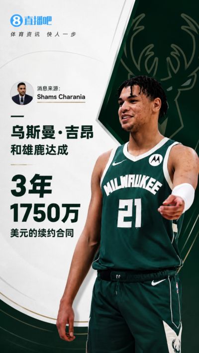Shams：乌斯曼·吉昂和雄鹿达成3年1750万美元的续约合同