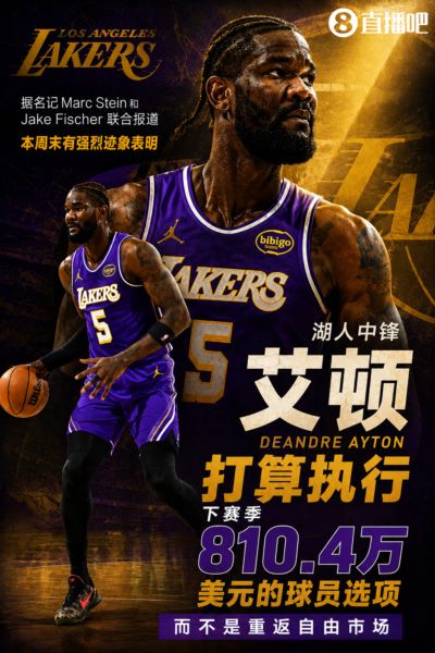 双名记证实：强烈迹象表明 湖人中锋艾顿打算执行810.4万球员选项