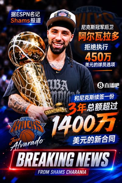 Shams：阿尔瓦拉多拒绝球员选项 与尼克斯续签3年超1400万合同