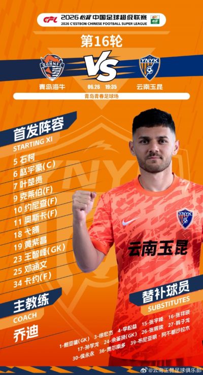 青岛海牛vs云南玉昆 今日首发阵容
